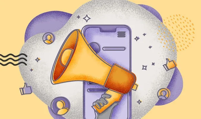Ilustração de um megafone e uma tela de celular