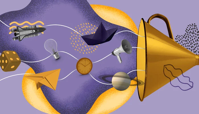 Ilustração de um funil do qual saem diversos objetos como um megafone, um relógio, uma lâmpada, um barquinho de papel, um dado e um foguete de brinquedo.