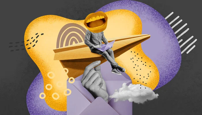 Ilustração de um homem ao computador sobre um aviãozinho de papel. No lugar do seu rosto, há uma boca.