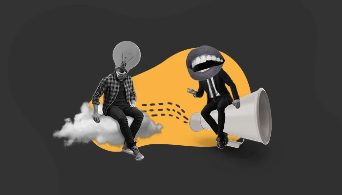 Ilustração abstrata: duas pessoas, estão sentados em cima de uma nuvem e um megafone. No lugar de suas cabeças, há uma lâmpada e um boca respectivamente.
