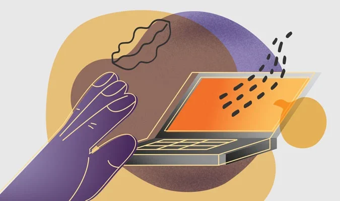 Ilustração de uma mão escrevendo um texto num blog