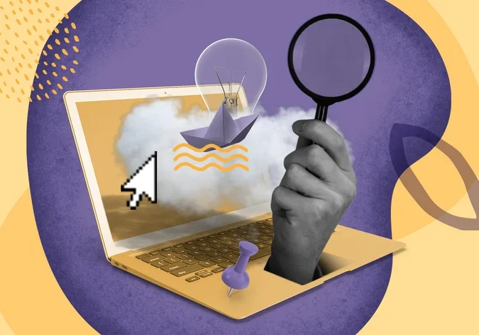 Ilustração de um computador. Dele saem alguns objetos: uma mão com uma lupa, um barquinho de papel, um alfinete e uma lâmpada.