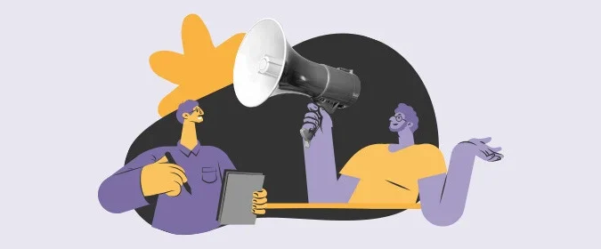 Ilustração de uma pessoa com um megafone e de outra com um bloquinho nas mãos