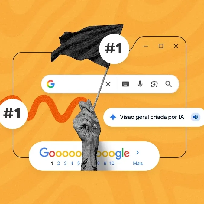 Fotomontagem baseada na SERP do Google, com barras de bysca e uma mão tremulando uma bandeira preta