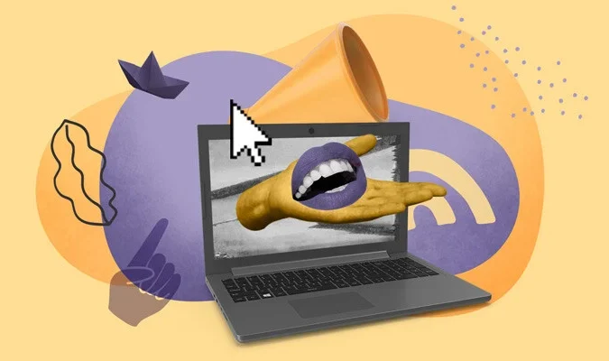 Fotomontagem de uma mão e uma boca saindo de uma tela de laptop ilustra diversos canais de marketing
