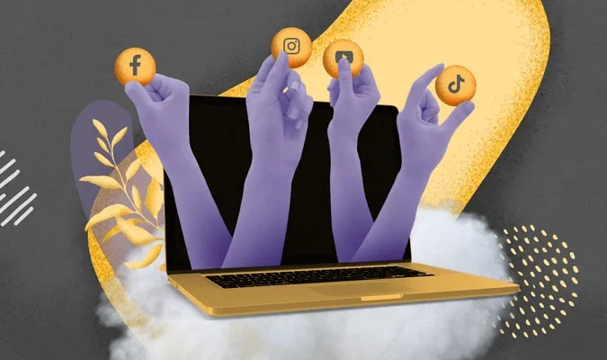 Ilustração de mãos saindo de um computador segurando ícones para representar a presença digital