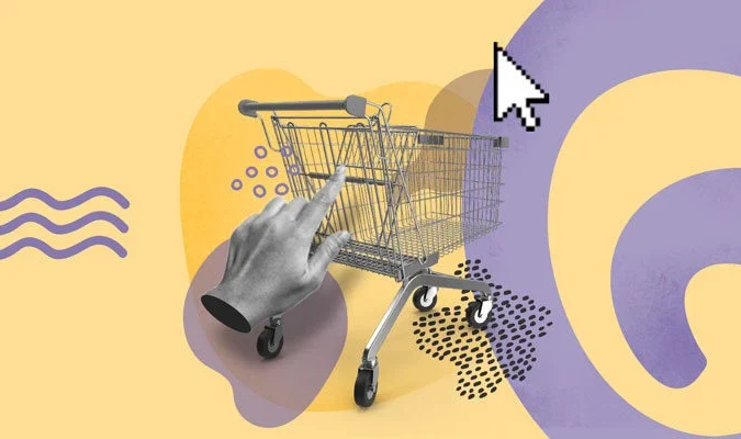 Ilustração de um carrinho de compras sendo clicado por uma mão de ponteiro de mouse, a respeito da jornada de compra do cliente.