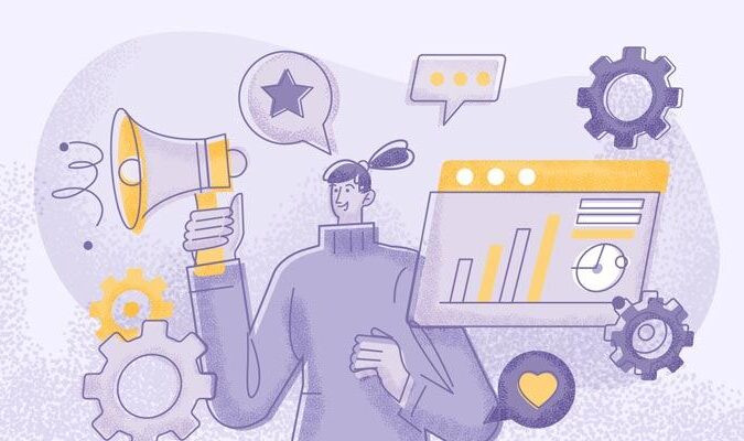Ilustração de mulher com megafone, cercada por gráficos e engrenagens