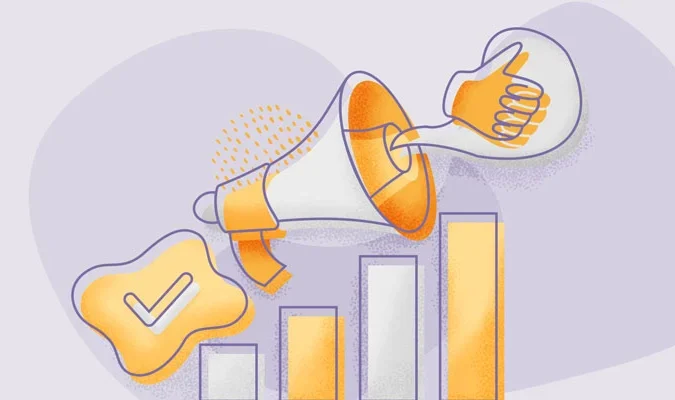 Ilustração de um megafone e um símbolo de joia, feito com a mão