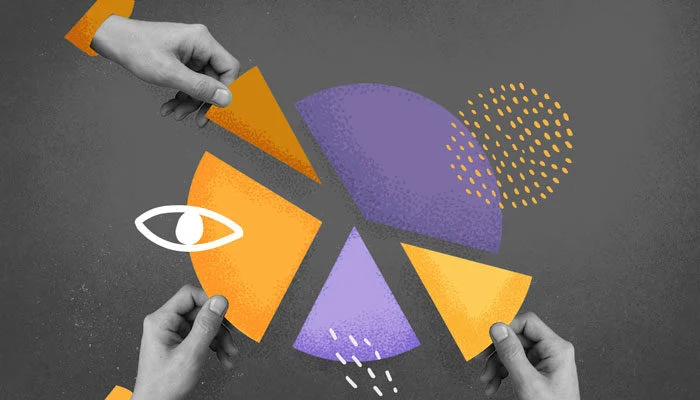 Ilustração abstrata: três mãos retiram pedados de um gráfico em pizza.