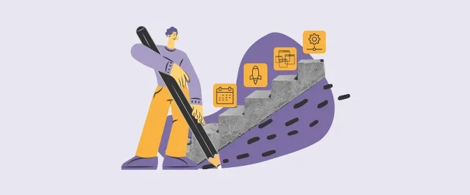 Ilustração de homem segurando um lápis, cercado por ícones que representam conteúdos