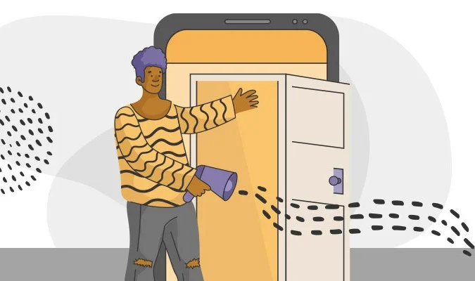 Ilustração de uma pessoa convidando outras a entrar em um ambiente
