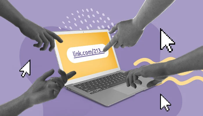 Ilustração: várias mãos apontam para um notebook. Na tela, há um link clicável.