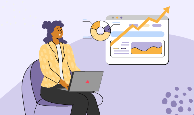 Ilustração de uma mulher em seu laptop analisando dados do GA4