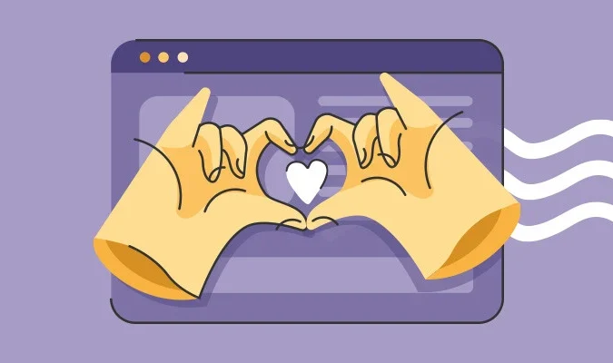 Ilustração de duas mãos fazendo um coração em frente a uma tela de computador