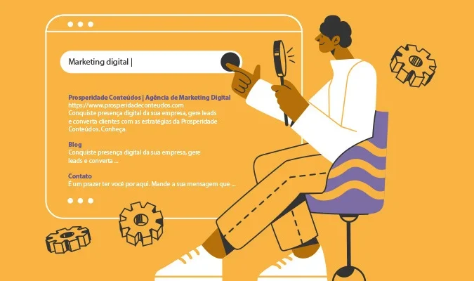 Ilustração de mulher olhando a SERP do Google