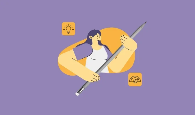 Ilustração abstrata: mulher com um lápis na mão, enquanto vários símbolos relacionados à arte flutuam ao seu redor.