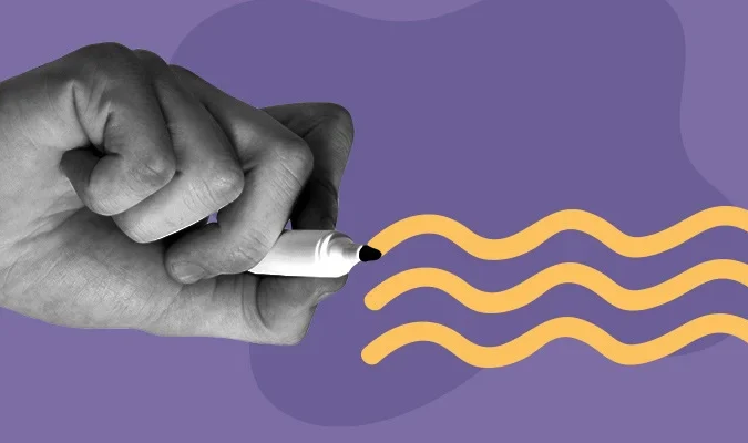 Ilustração: uma mão com uma caneta, segurando-a como se estivesse escrevendo.