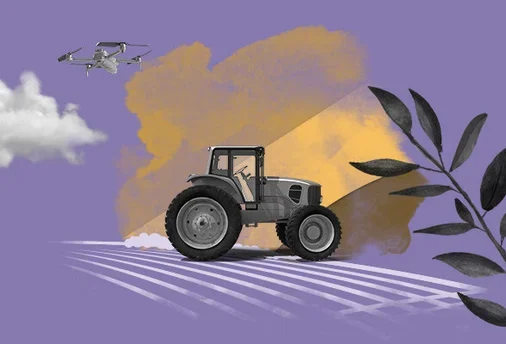 Ilustração: um trator agrícola sobre a colheita e um drone sobrevoando o campo.