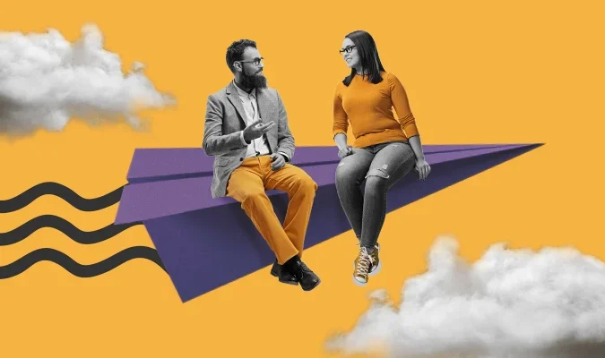 Ilustração de um homem e uma mulher voando em um avião de papel