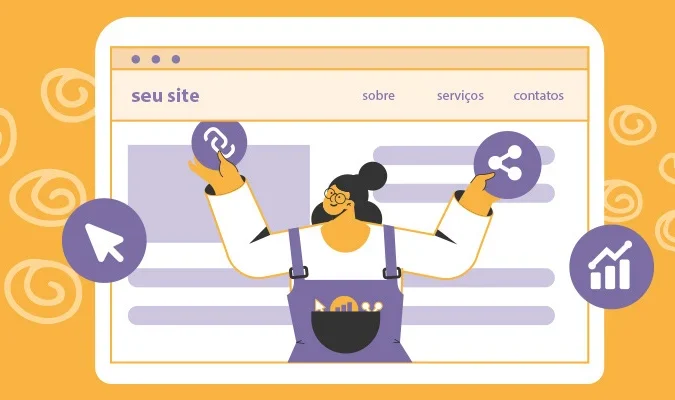Ilustração de uma mulher e uma tela de computador cheia de ícones