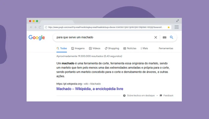 Print de tela: resultado de busca do Google para "para que serve um machado".