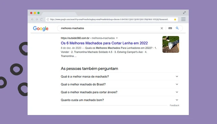 Print de tela: resultado de busca do Google para "melhores machados".
