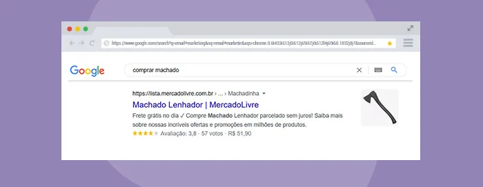 Print de tela: resultado de busca do Google para "comprar machado".