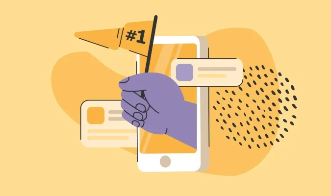 Ilustração de uma mão segurand uma bndeira e saindo da tela de um celular