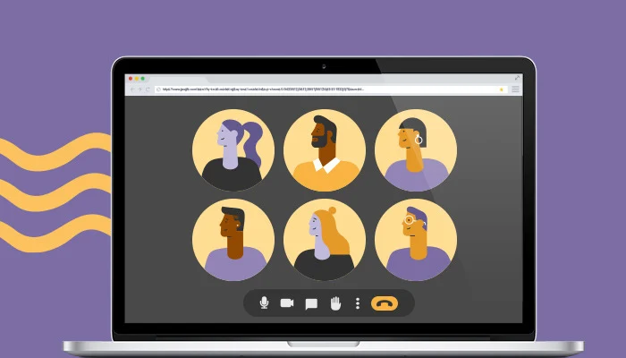 Ilustração: várias pessoas reunidas em uma reunião online.