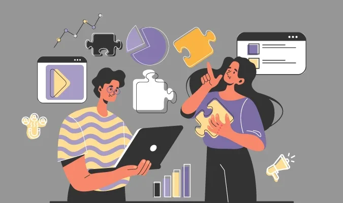 Ilustração de duas mulheres conversando no ambiente de trabalho