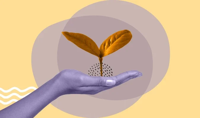 Ilustração de uma mão segurando uma muda de planta, sobre marketing verde