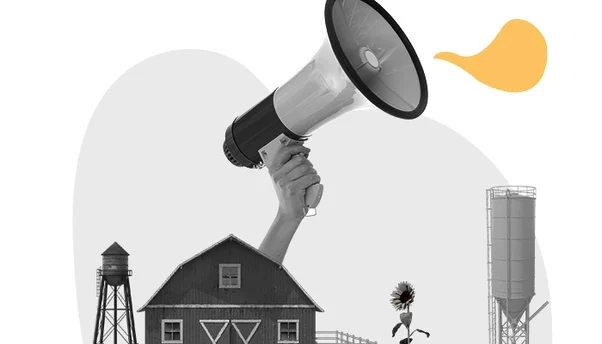 Ilustração abstrata: uma mão com um megafone saindo de um silo.
