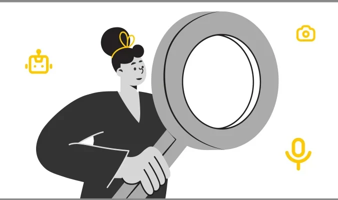 Ilustração de uma mulher com uma lupa na mão