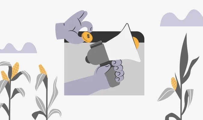 Ilustração de um milharal e uma mão sgurando um megafone