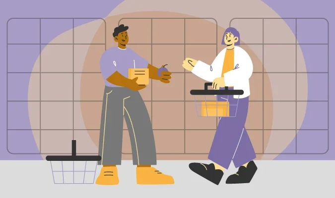 Ilustração de um homem e uma mulher em um mercado