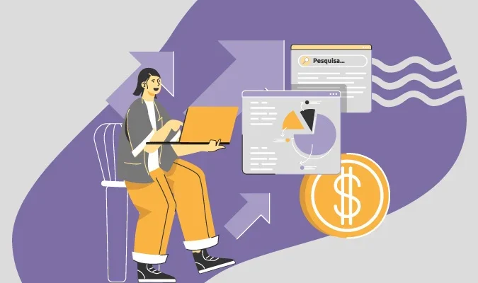 Ilustração de mulher trabalhando em seu computador, além de imagens de gráficos e cifras financeiras