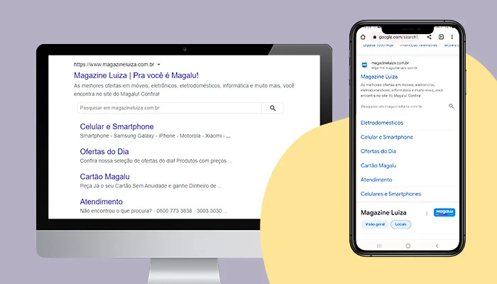 Visualização do resultado do site da Magazine Luiza no desktop e no mobile.