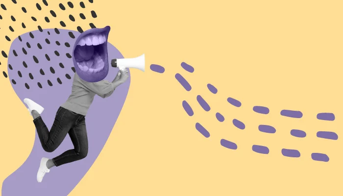 Imagem abstrata: uma pessoa grita em um megafone. No lugar de sua cabeça há uma boca.