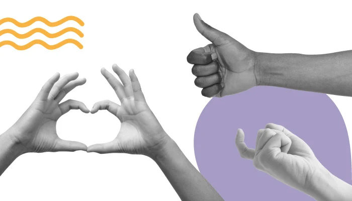 Mãos fazendo gestos: um coração, um joia e um "aproxime-se".