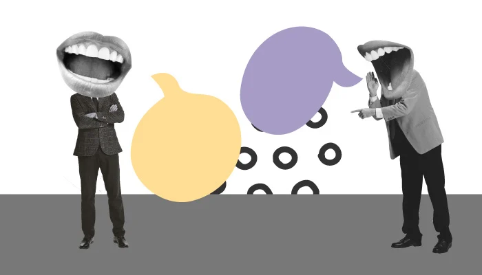 Imagem abstrata: duas pessoas conversam por meio da representação de balões de conversação. No lugar de suas cabeças, há duas bocas.