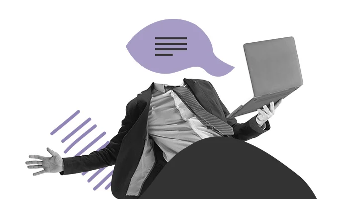 Imagem abstrata: um homem segura um notebook com uma das mãos. No lugar da sua cabeça há um balão de diálogo.
