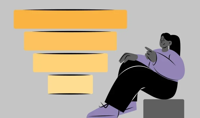 ILustração de uma pessoal sentada frente a um funil de vendas do marketing