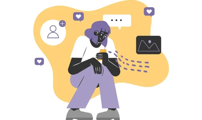 Ilustração de uma mulher acessando conrteúdo digital pelo seu smartphone