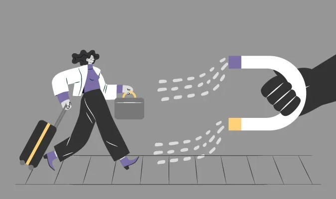 Ilustração de uma mulher atraída por um ímã