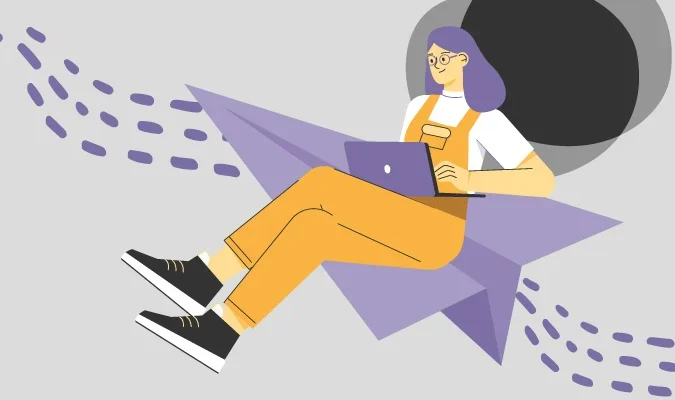 Ilustração de uma mulher em seu computador, lendo uma newsletter