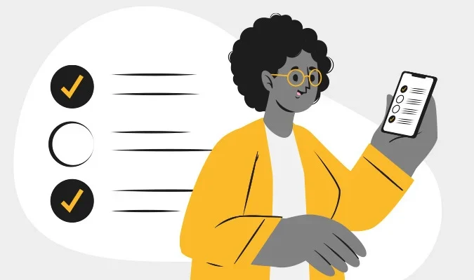 Ilustração de mulher respondendo a um quiz no celular.