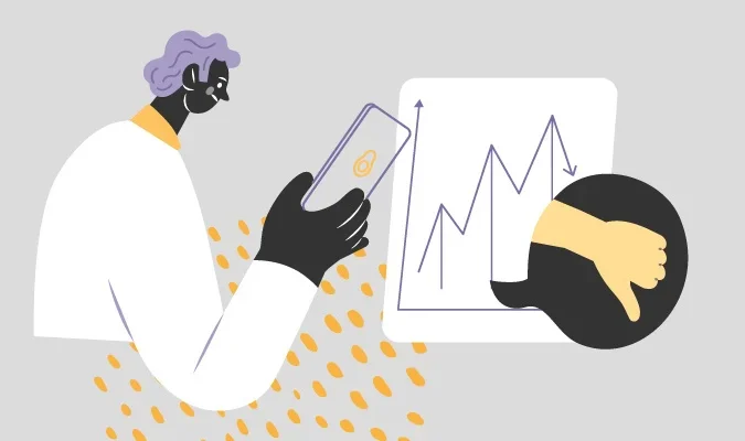 Ilustração de uma pessoa segurando um celular e observando um gráfico