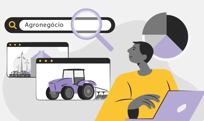 Ilustração de uma pessoa observando um trator em uma página da internet