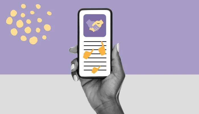 Ilustração de uma mão segurando um celular e com uma newsletter aberta na tela